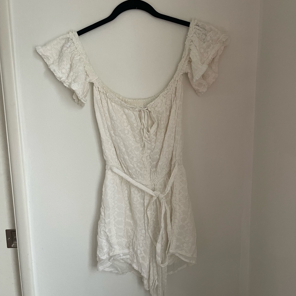White Eyelet Off the Shoulder Tie Front Romper